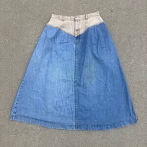 Vintage 80s OshKosh Two Tone Block V Yoke Midi A Line Jean Skirt Western 12